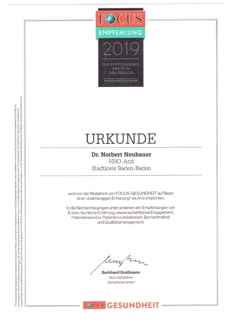 Focus Urkunde 2019 Dr Neubauer
