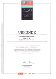 Focus Urkunde 2020 Dr. Neubauer